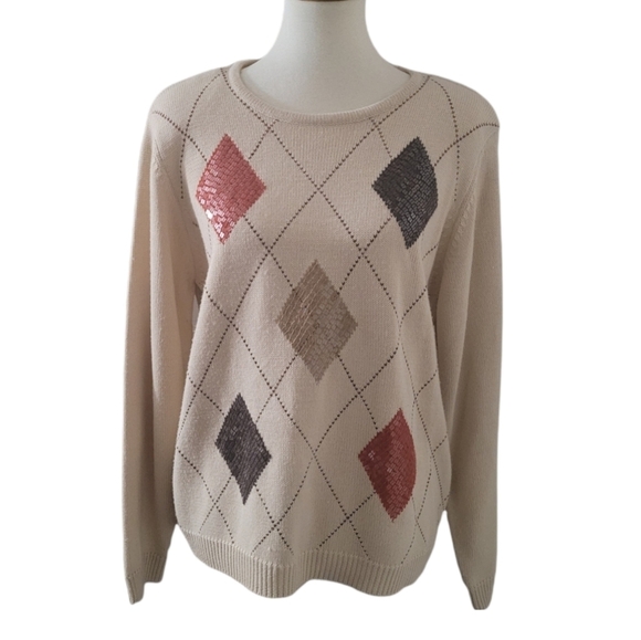 Alfred Dunner 80's Cream Sequin‎ and Metallic Argyle Sweater - Picture 1 of 6